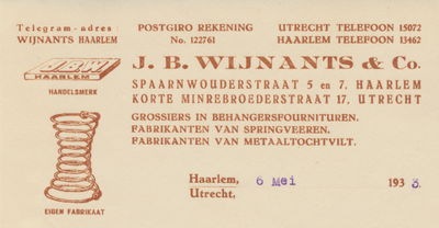 716246 Briefhoofd van een brief van J.B. Wijnants & Co., Grossiers in Behangersfournituren, Fabrikanten van ...
